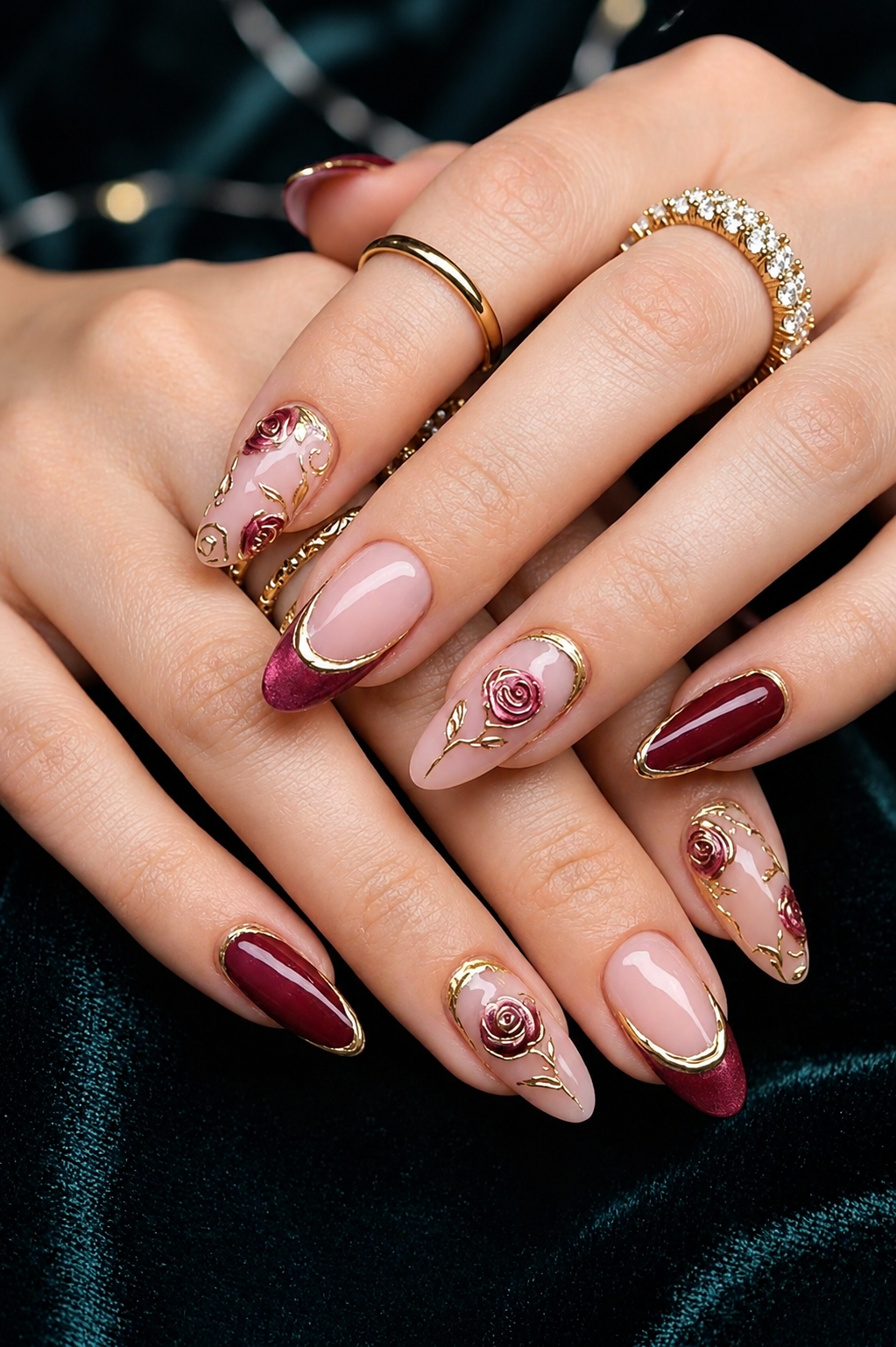 Gilded Rose & Burgundy French Bridal Almond Press-On Nails | Reusable Luxury Wedding Gel Nails | Fluture Bridal Edit