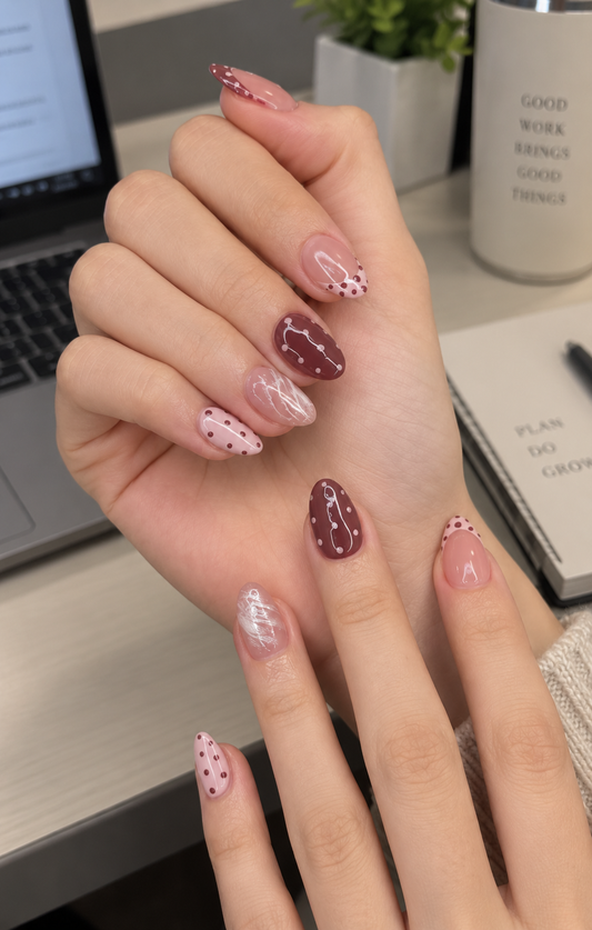 Berry Polka & Rose Quartz Almond Press-On Nails | Reusable Everyday Gel Nails | Fluture Studio Collection
