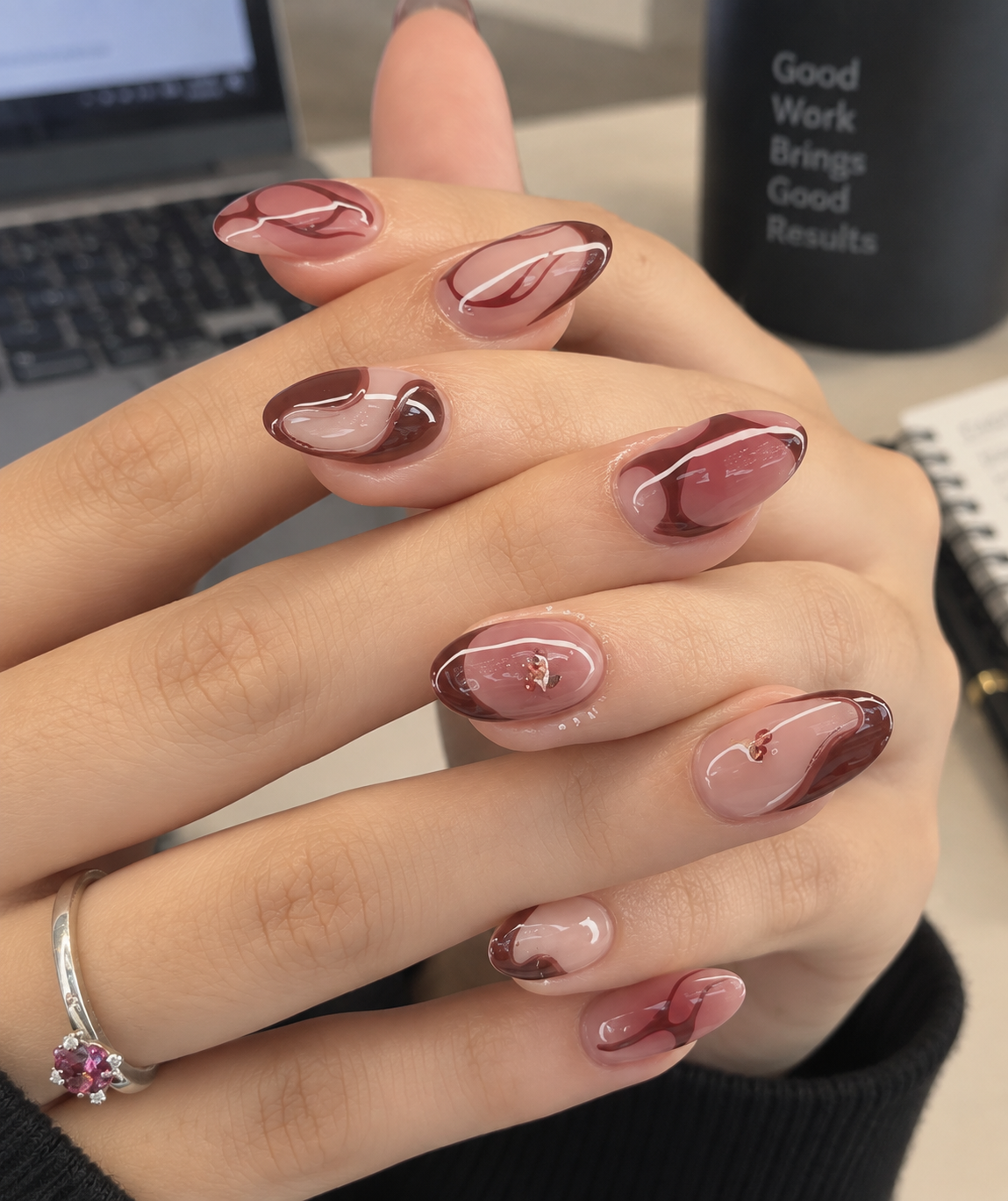 Berry Swirl & Rose Gold Flake Almond Press-On Nails | Reusable Everyday Gel Nails | Fluture Studio Collection