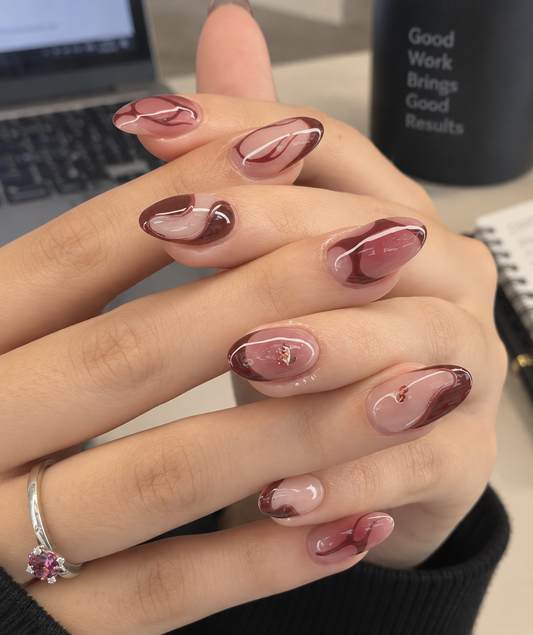 Berry Swirl & Rose Gold Flake Almond Press-On Nails | Reusable Everyday Gel Nails | Fluture Studio Collection