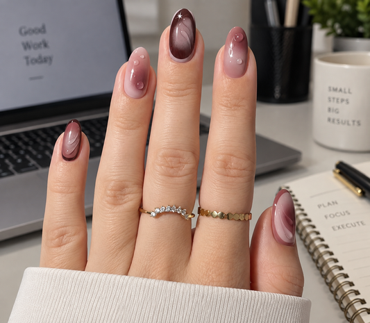 Mauve Aura & Dewdrop Almond Press-On Nails | Reusable Everyday Gel Nails | Fluture Studio Collection