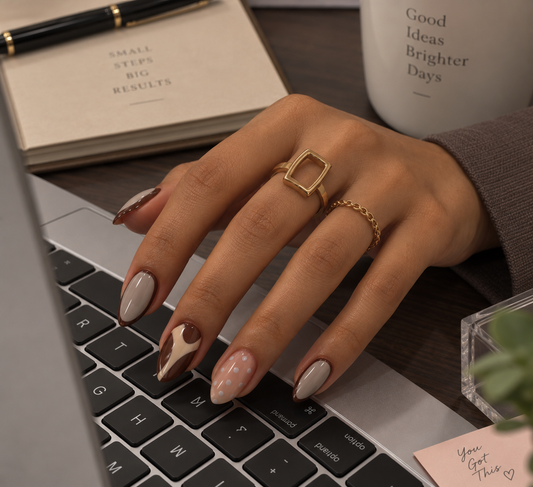 Mocha Polka & Outline Almond Press-On Nails | Reusable Everyday Gel Nails | Fluture Studio Collection