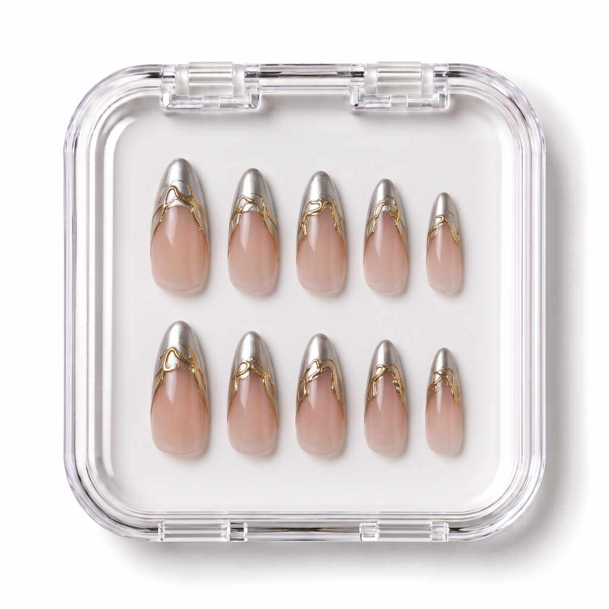 Pearl Chrome French & 3D Gold Filigree Almond Press-On Nails | Reusable Gel Nails | Fluture