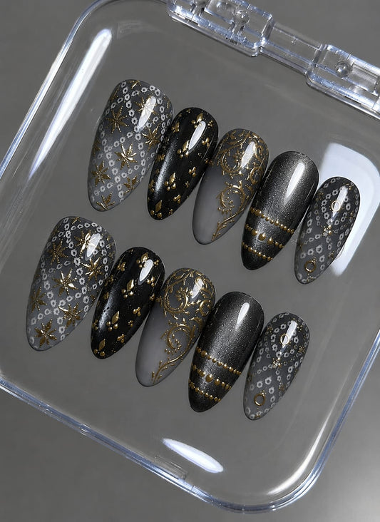 Charcoal Slate & Antique Gold Bandhani Filigree Almond Press-On Nails | Navratri Special | Flutur