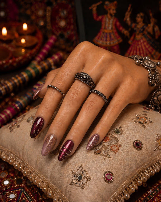 Royal Maroon & Antique Gold Filigree Almond Press-On Nails | Navratri Special | Fluture