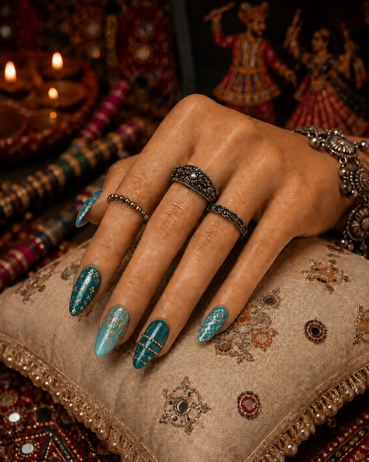Royal Peacock Teal & Gold Bandhani Filigree Almond Press-On Nails | Navratri Special | Fluture