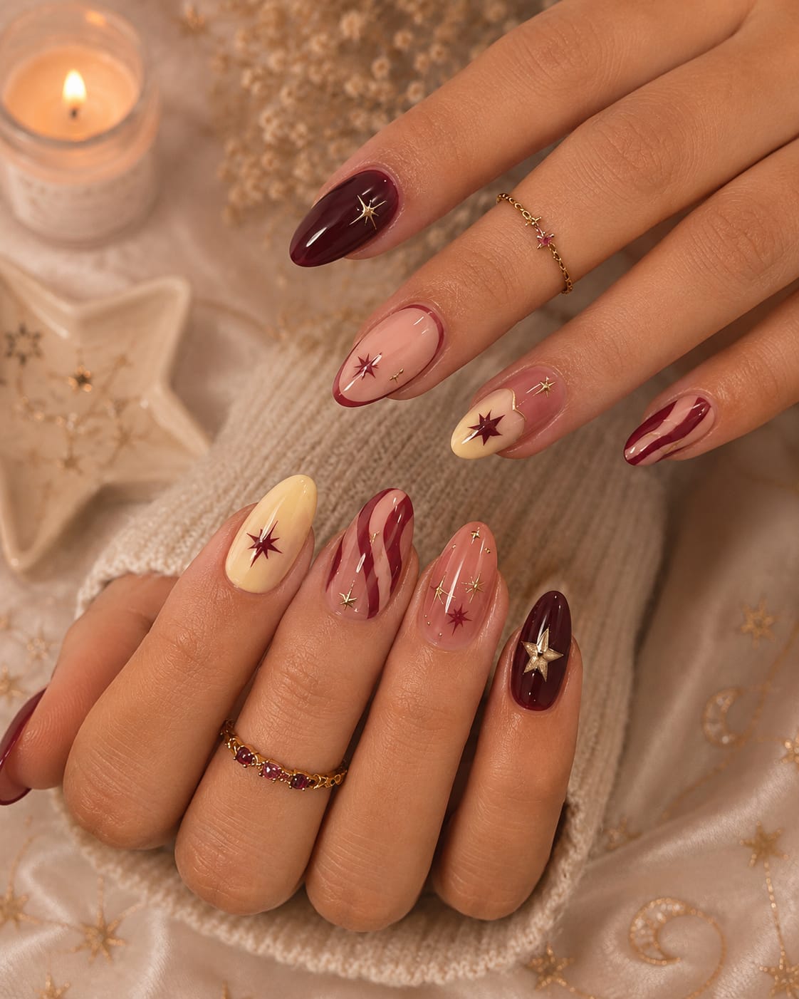 Burgundy Celestial Star, Swirl & French Almond Press-On Nails | Reusable Warm Autumn Gel Nails | Fluture Luxury Collection