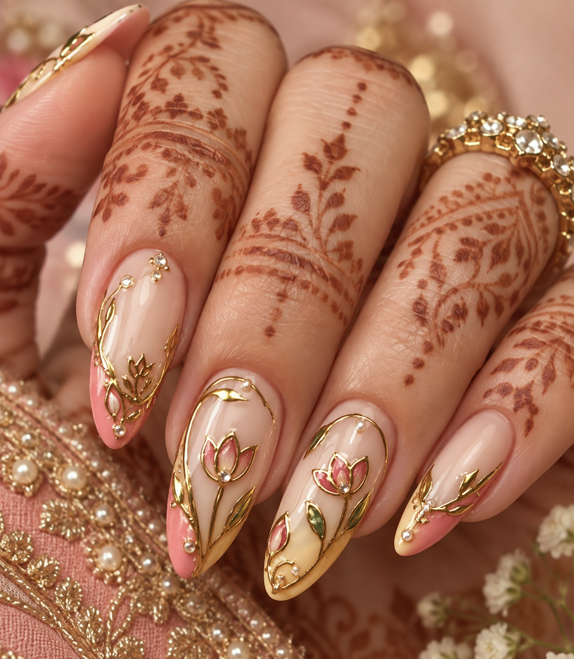 Bridal Meenakari Tulip Almond Press-On Nails | Reusable Wedding Gel Nails | Fluture Bridal Collection