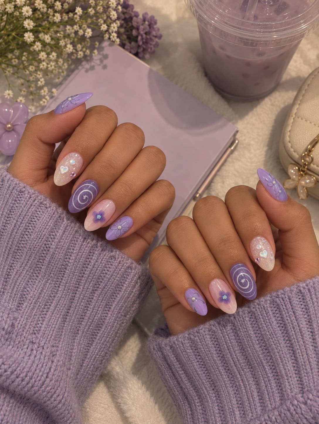 Lavender Swirl, 3D Bloom & Shimmer Heart Almond Press-On Nails | Reusable Pastel Y2K Gel Nails | Fluture Luxury Collection