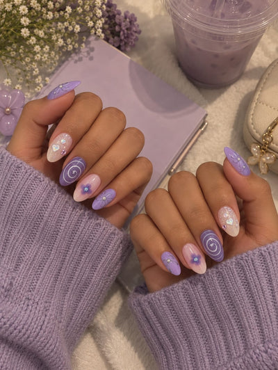 Lavender Swirl, 3D Bloom & Shimmer Heart Almond Press-On Nails | Reusable Pastel Y2K Gel Nails | Fluture Luxury Collection
