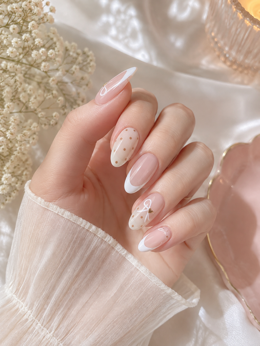 Milky Nude Swiss Dot & White Ribbon Bow French Almond Press-On Nails | Reusable Minimalist Coquette Bridal Gel Nails | Fluture Luxury Collection