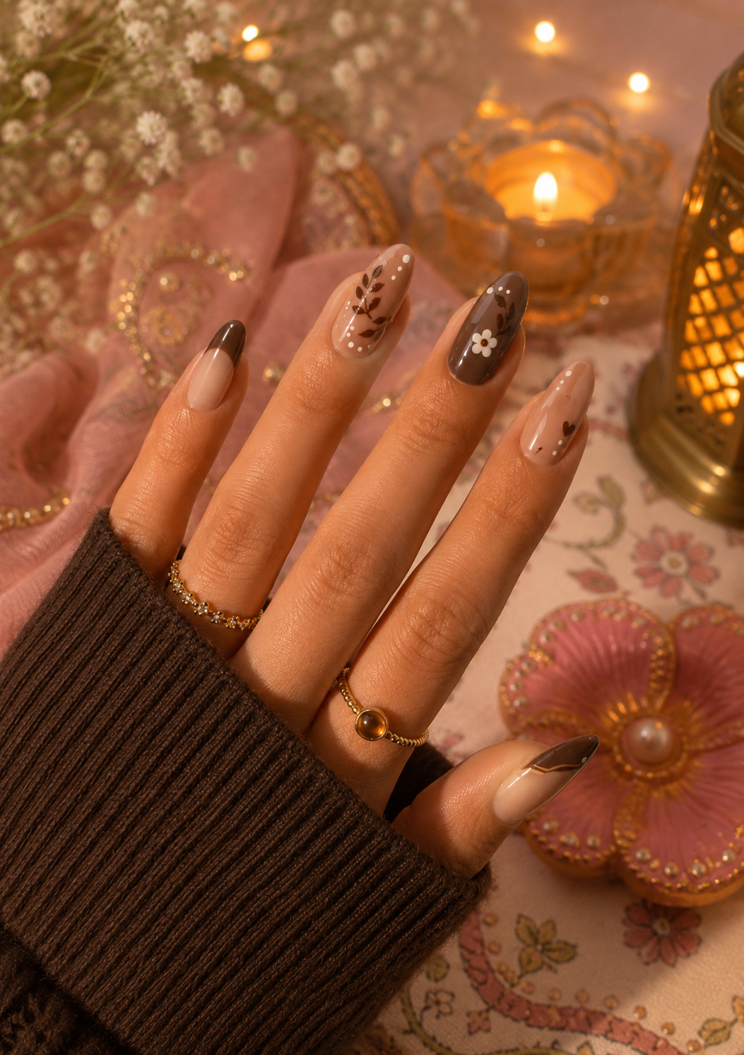 Mocha Floral, Botanical Vine & French Almond Press-On Nails | Reusable Warm Autumn Gel Nails | Fluture Luxury Collection