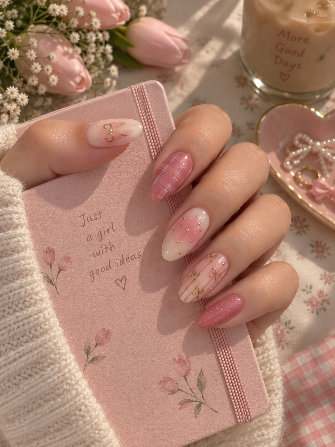 Blush Aura, Golden Ribbon Bow & Plaid Almond Press-On Nails | Reusable Coquette Gel Nails | Fluture Luxury Collection