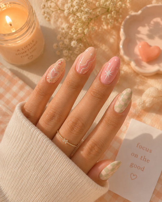 Pastel Dopamine Dreamscape Floral Heart, Checkered & Starburst Almond Press-On Nails | Reusable Retro Y2K Cottagecore Gel Nails | Fluture Luxury Collection