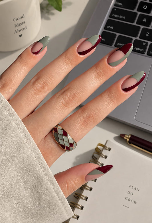 Burgundy & Sage Split French Almond Press-On Nails | Reusable Everyday Gel Nails | Fluture Studio Collection