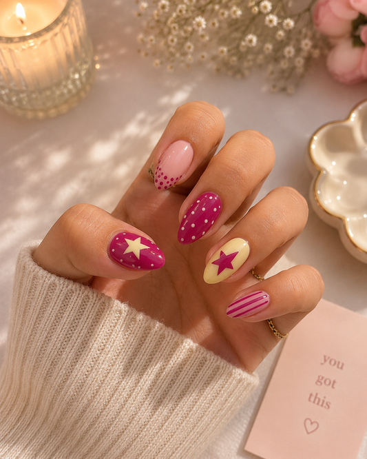 Berry Magenta & Butter Yellow Pop Starburst, Pinstripe & Polka Dot Almond Press-On Nails | Reusable Y2K Retro Dopamine Gel Nails | Fluture Luxury Collection