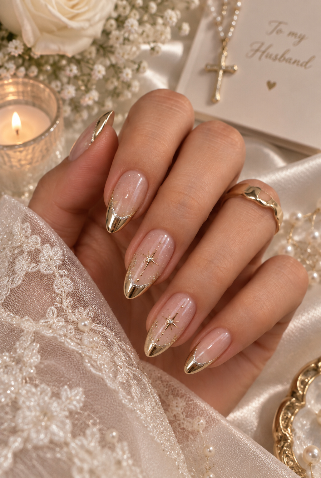 Bridal Molten Gold Starburst Almond Press-On Nails | Reusable Wedding Gel Nails | Fluture Bridal Collection