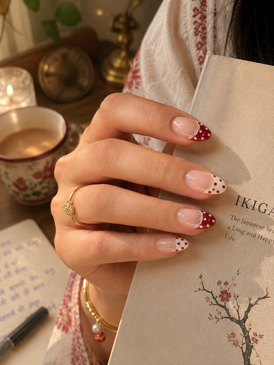 Crimson Red Polka Dot & Scalloped Lace French Almond Press-On Nails | Reusable Vintage Cottagecore Gel Nails | Fluture Luxury Collection