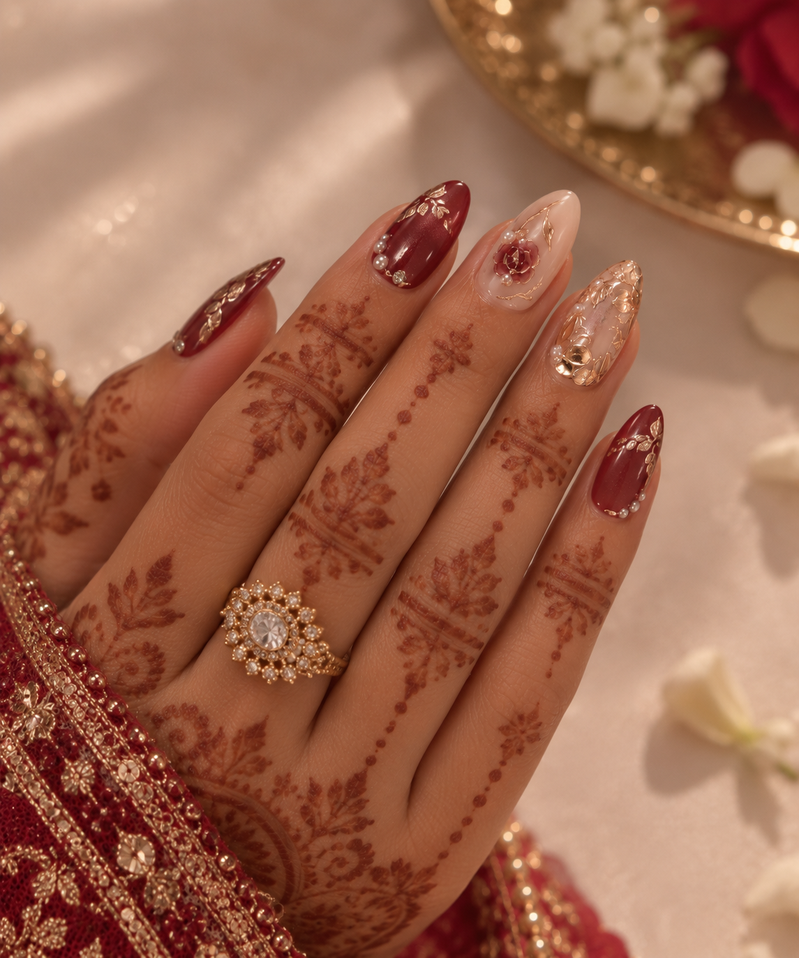 Bridal Royal Rose & Molten Gold Almond Press-On Nails | Reusable Wedding Gel Nails | Fluture Bridal Collection