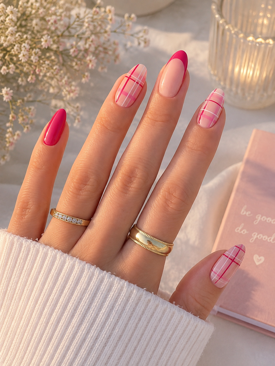 Barbie Pink Tartan Plaid & French Almond Press-On Nails | Reusable Dopamine Preppy Gel Nails | Fluture Luxury Collection