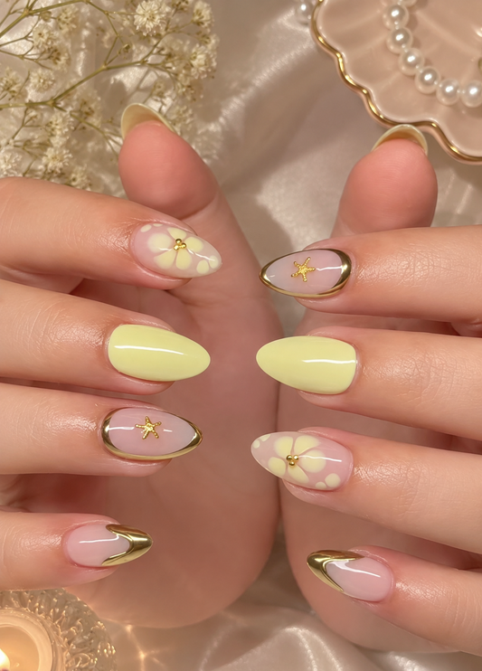 Pastel Buttercup Yellow Floral & Molten Chrome Gold Frame Almond Press-On Nails | Reusable Luxury Cottagecore Gel Nails | Fluture Luxury Collection