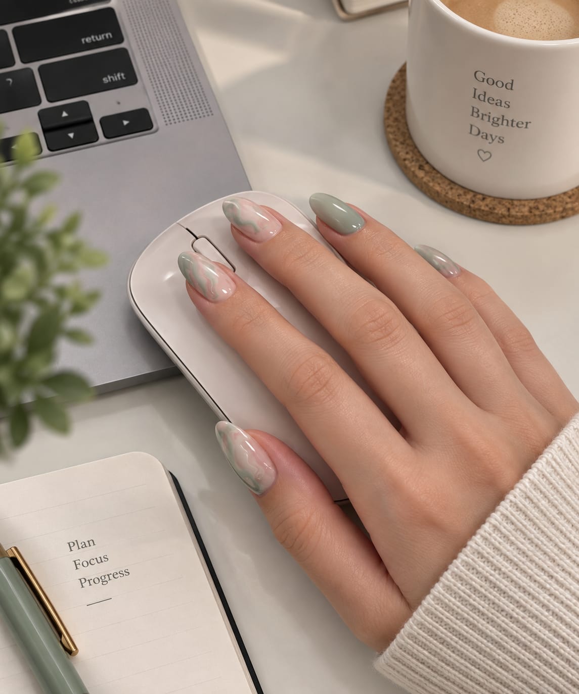 Sage Water Marble Almond Press-On Nails | Reusable Everyday Gel Nails | Fluture Studio Collection