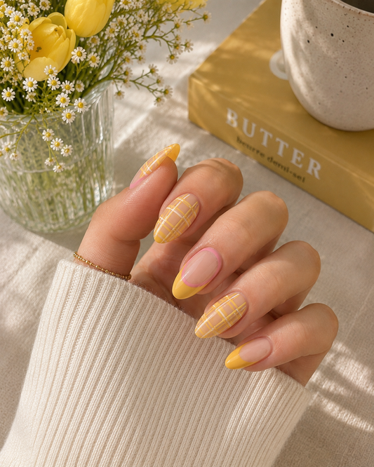 Butter Yellow Plaid & Pink Outline French Almond Press-On Nails | Reusable Minimalist Spring Gel Nails | Fluture Luxury Collection