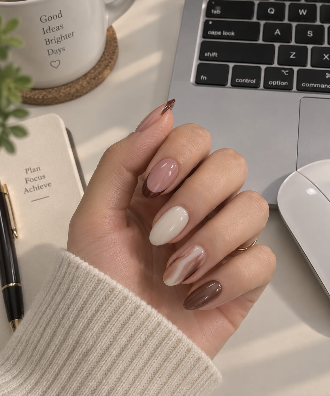 Café Marble & Mocha Almond Press-On Nails | Reusable Everyday Gel Nails | Fluture Studio Collection