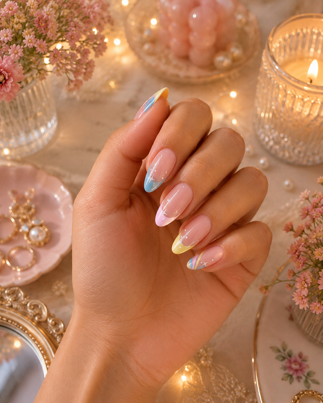 Pastel French, Swirl & Twinkle Star Almond Press-On Nails | Reusable Dreamy Gel Nails | Fluture Luxury Collection