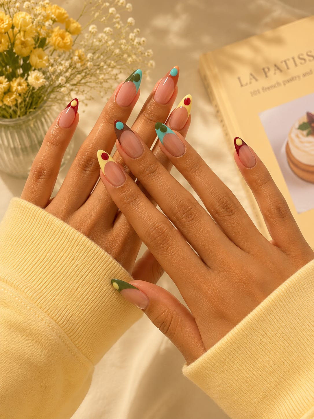 Retro Colorblock French & Dot Almond Press-On Nails | Reusable Modern Pop Gel Nails | Fluture Luxury Collection