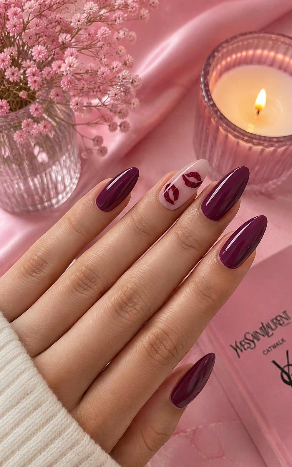 Deep Plum Berry & Glitter Crimson Kiss Mark Almond Press-On Nails | Reusable Romantic Glam Gel Nails | Fluture Luxury Collection