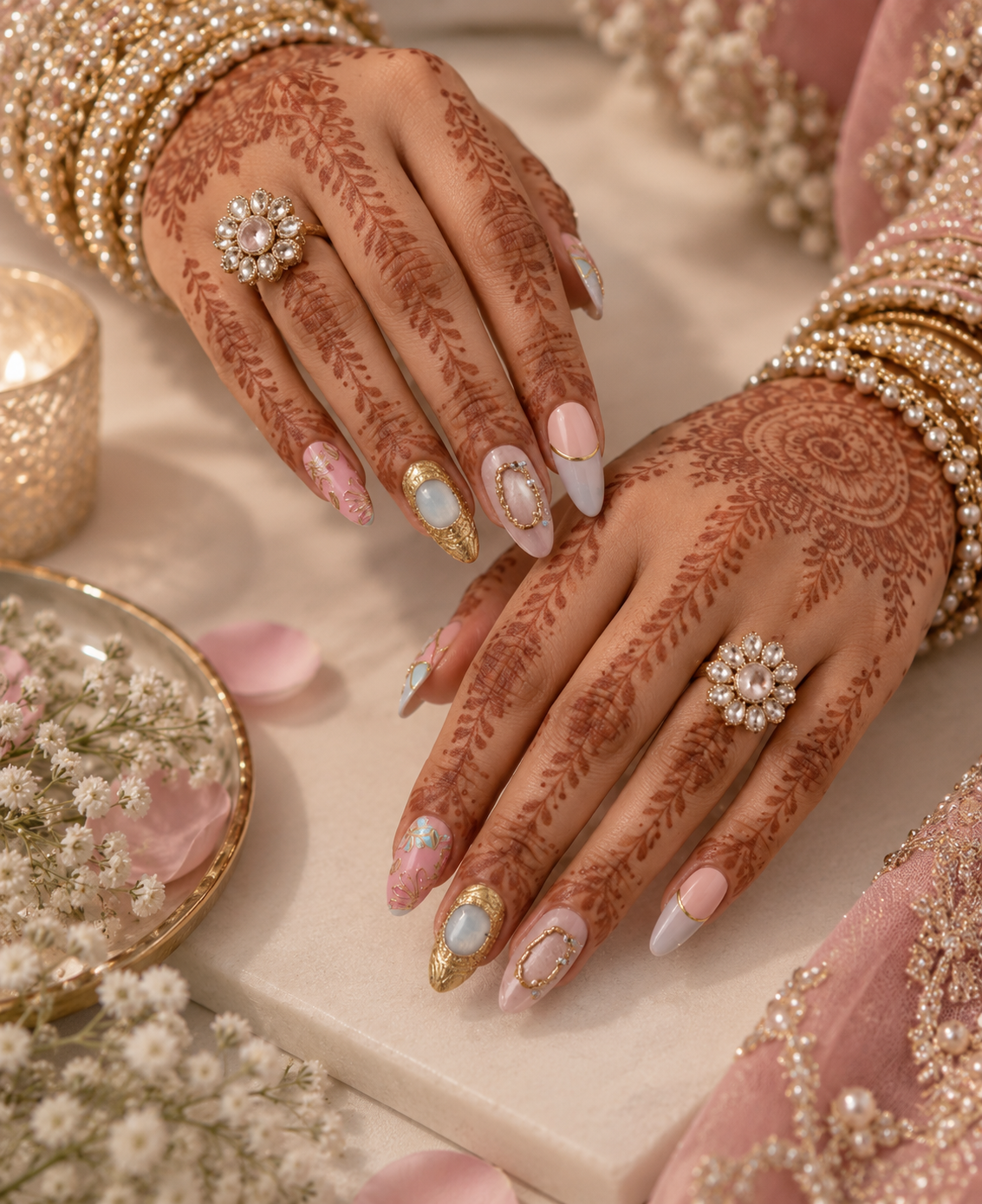 Bridal Pastel Bloom & Molten Gold Almond Press-On Nails | Reusable Wedding Gel Nails | Fluture Bridal Collection