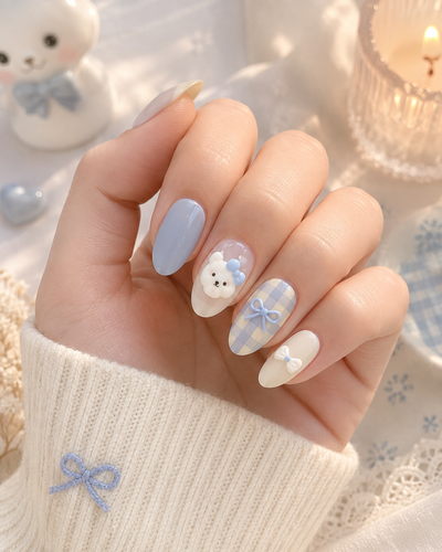 Pastel Powder Blue Gingham Plaid & 3D Teddy Bear Ribbon Bow Almond Press-On Nails | Reusable Sweet Coquette Dopamine Gel Nails | Fluture Luxury Collection