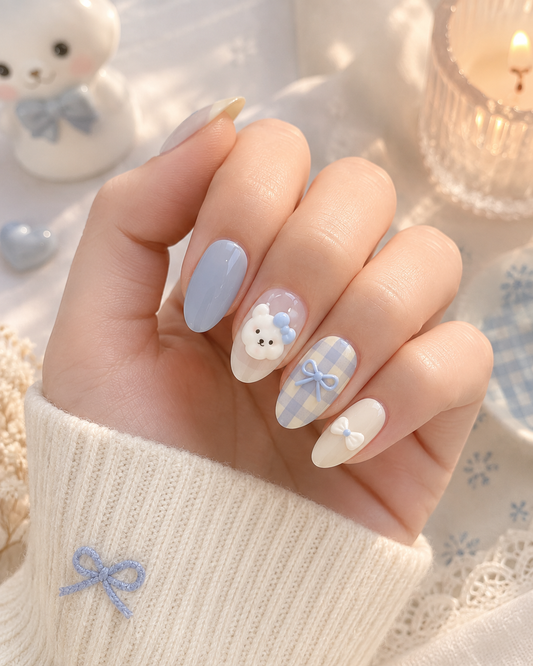 Pastel Powder Blue Gingham Plaid & 3D Teddy Bear Ribbon Bow Almond Press-On Nails | Reusable Sweet Coquette Dopamine Gel Nails | Fluture Luxury Collection