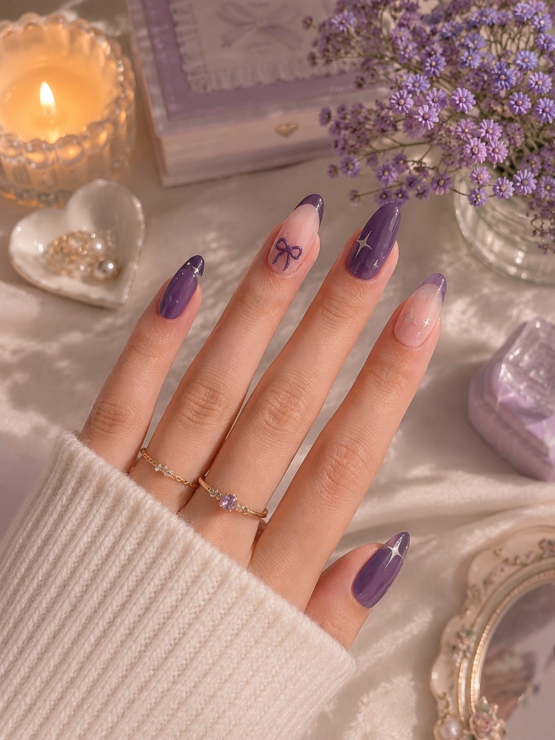 Taro Purple French, Ribbon Bow & Sparkle Almond Press-On Nails | Reusable Coquette Gel Nails | Fluture Luxury Collection