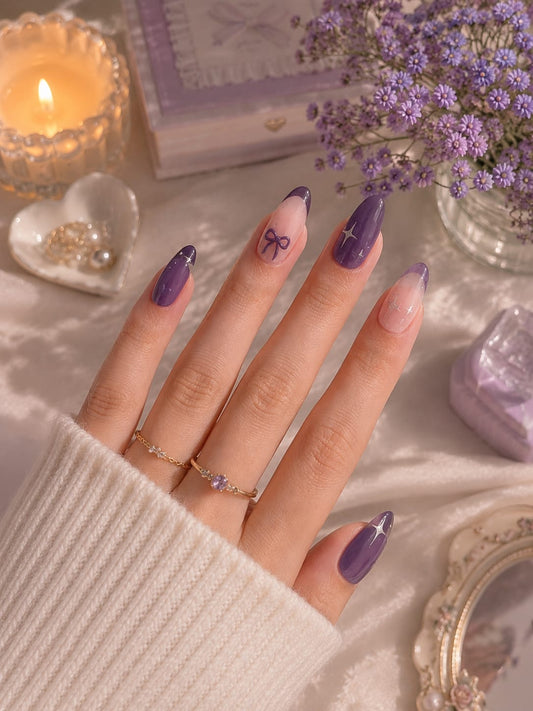 Taro Purple French, Ribbon Bow & Sparkle Almond Press-On Nails | Reusable Coquette Gel Nails | Fluture Luxury Collection