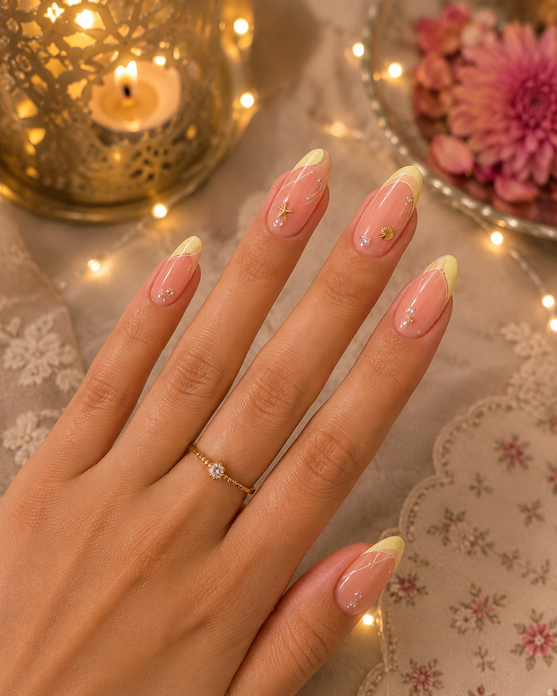 Butter Yellow French, Golden Starfish & Pearl Almond Press-On Nails | Reusable Coastal Chic Gel Nails | Fluture Luxury Collection
