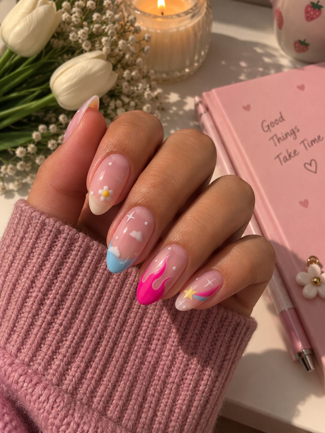 Pastel Cloud, Neon Flame & Shooting Star Almond Press-On Nails | Reusable Dreamy Dopamine Gel Nails | Fluture Luxury Collection
