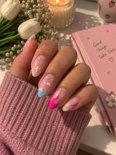 Pastel Cloud, Neon Flame & Shooting Star Almond Press-On Nails | Reusable Dreamy Dopamine Gel Nails | Fluture Luxury Collection