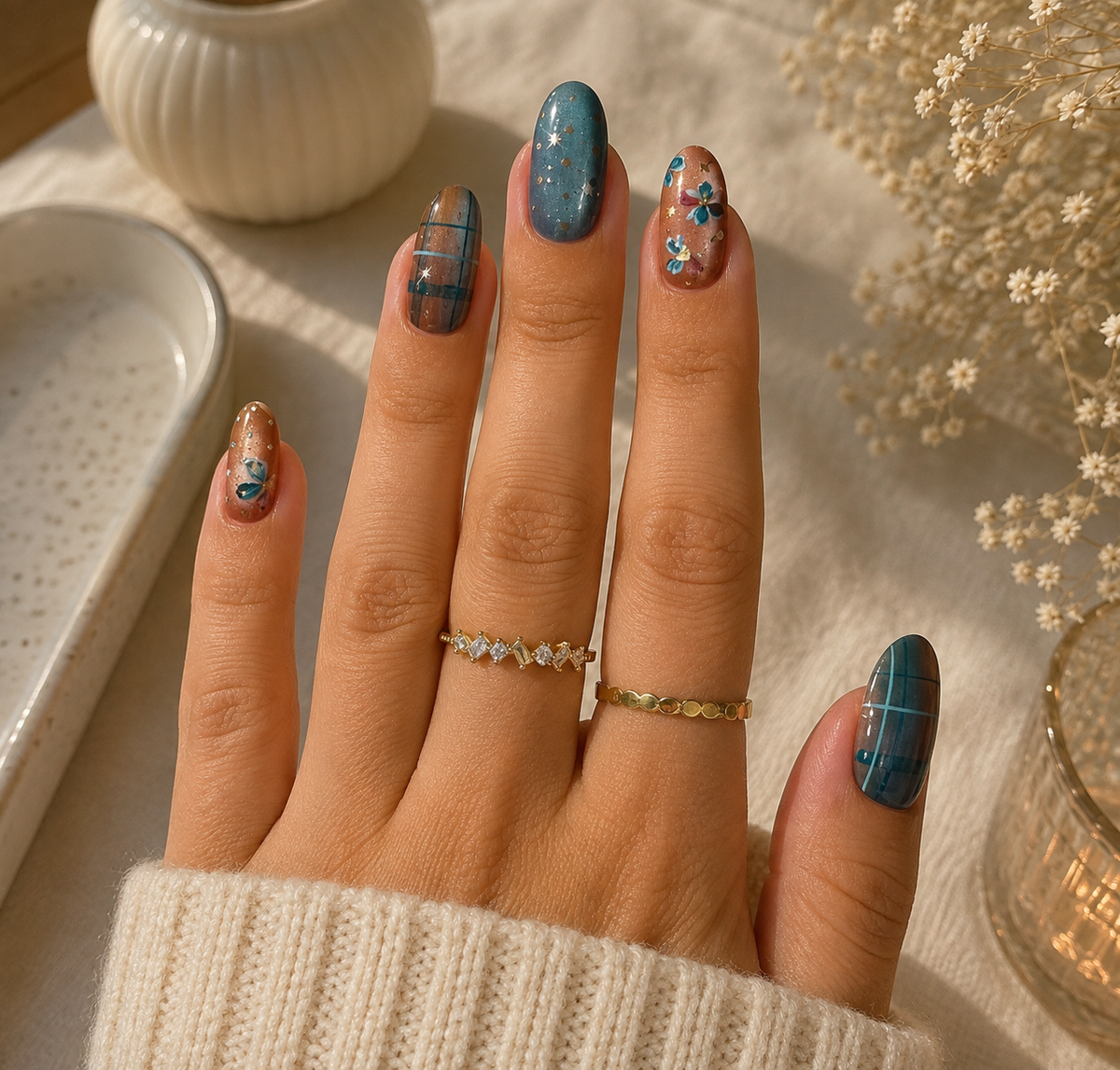 Teal Plaid, Celestial Star & Copper Bloom Almond Press-On Nails | Reusable Autumn Gel Nails | Fluture Luxury Collection