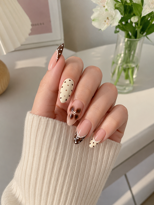 Dark Chocolate Brown Aura Floral & Polka Dot French Almond Press-On Nails | Reusable Vintage Cottagecore Gel Nails | Fluture Luxury Collection