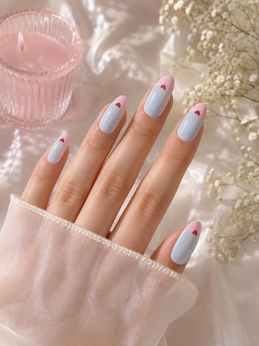 Pastel Powder Blue & Pink French Micro-Heart Almond Press-On Nails | Reusable Sweet Valentine Gel Nails | Fluture Luxury Collection