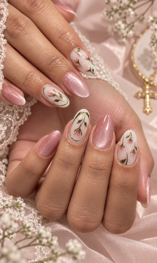 Bridal Pink Velvet Botanical Almond Press-On Nails | Reusable Wedding Gel Nails | Fluture Bridal Collection