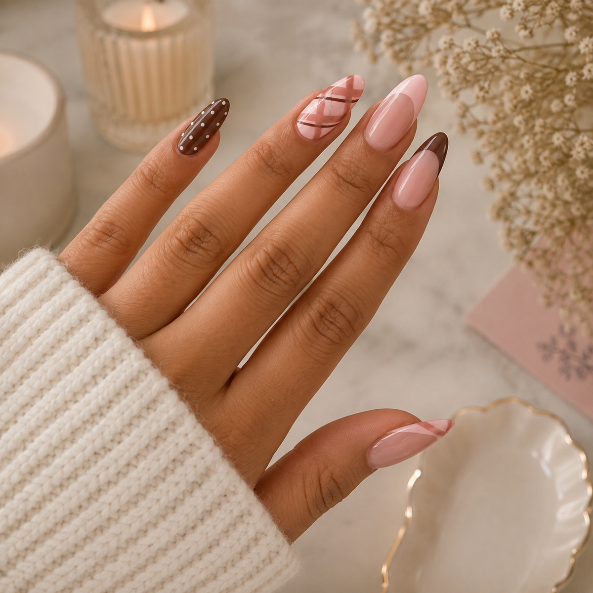 Blush Plaid, Chocolate French & Polka Dot Almond Press-On Nails | Reusable Warm Autumn Gel Nails | Fluture Luxury Collection