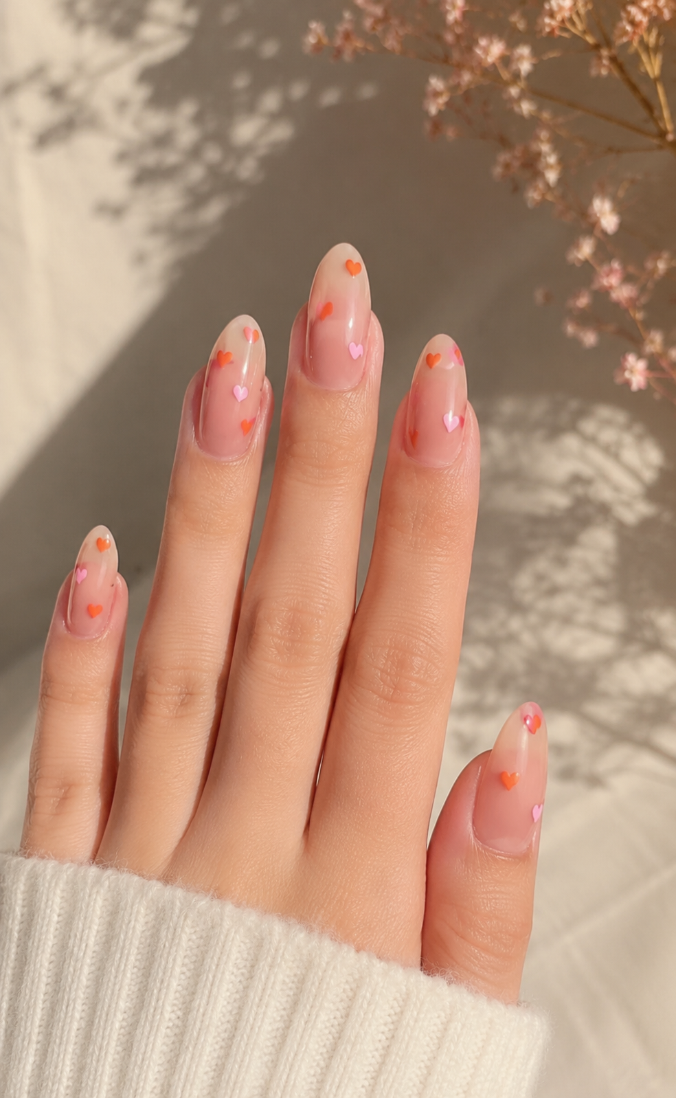 Sheer Jelly Nude & Multi-Colored Floating Micro-Heart Almond Press-On Nails | Reusable Sweet Dopamine Valentine Gel Nails | Fluture Luxury Collection