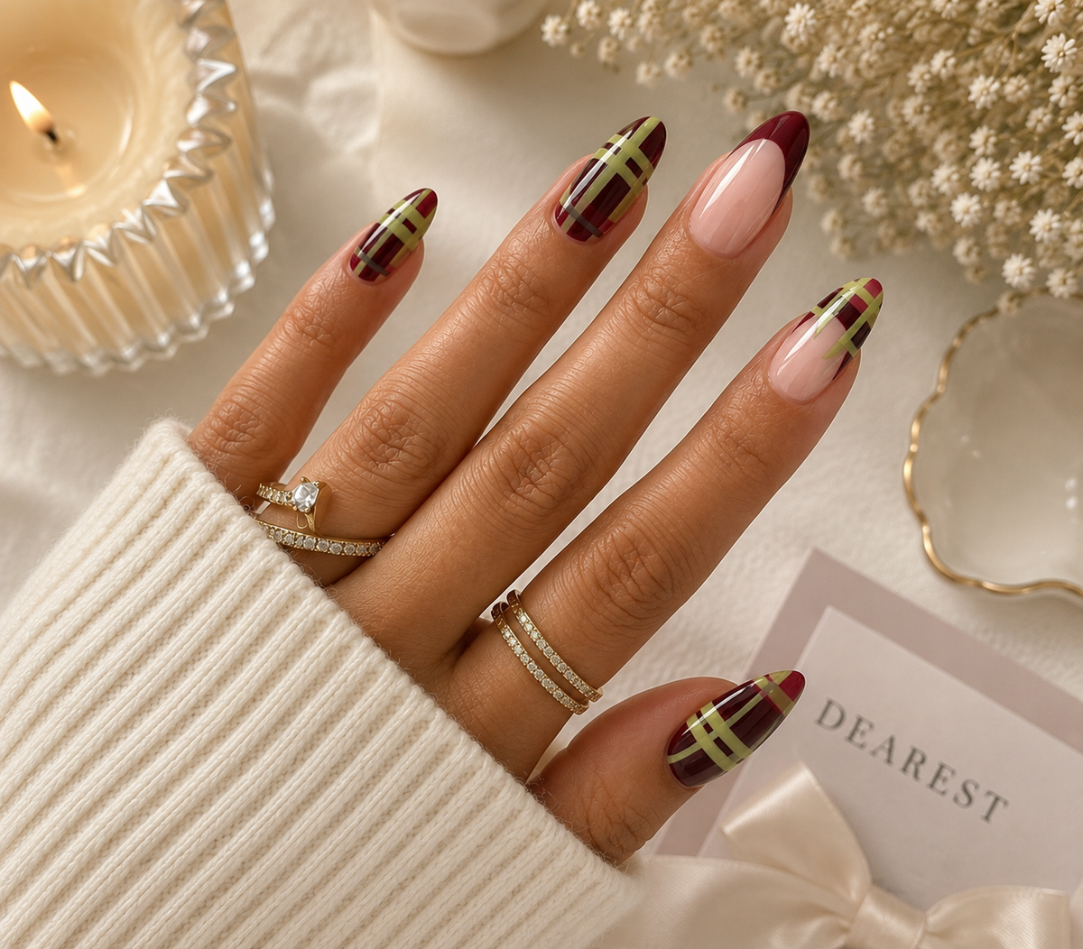 Burgundy Tartan Plaid & French Almond Press-On Nails | Reusable Autumn Gel Nails | Fluture Luxury Collection