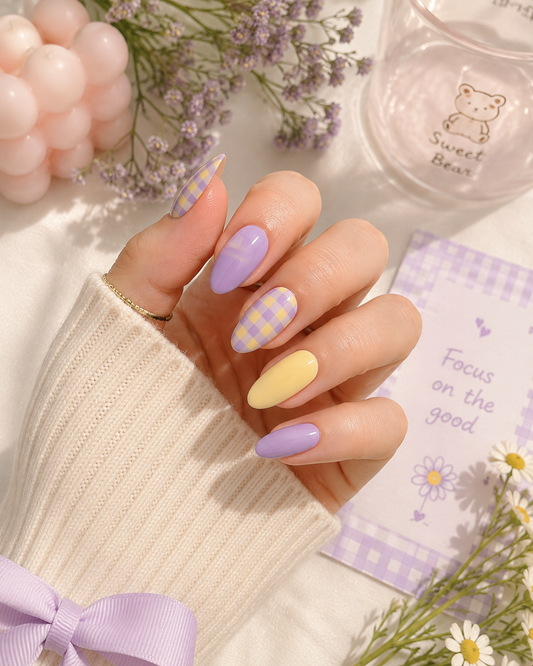 Pastel Lavender & Buttercup Yellow Gingham Plaid Almond Press-On Nails | Reusable Sweet Dopamine Spring Gel Nails | Fluture Luxury Collection
