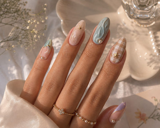 Pastel Wave, Gingham & Celestial Star Almond Press-On Nails | Reusable Whimsical Cottagecore Gel Nails | Fluture Luxury Collection