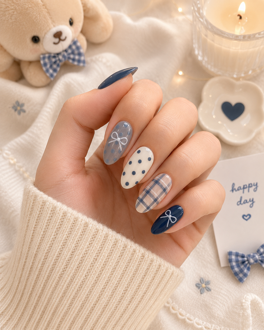 Navy & Slate Blue Tartan Plaid, Polka Dot & Ribbon Bow Almond Press-On Nails | Reusable Sweet Coquette Cottagecore Gel Nails | Fluture Luxury Collection