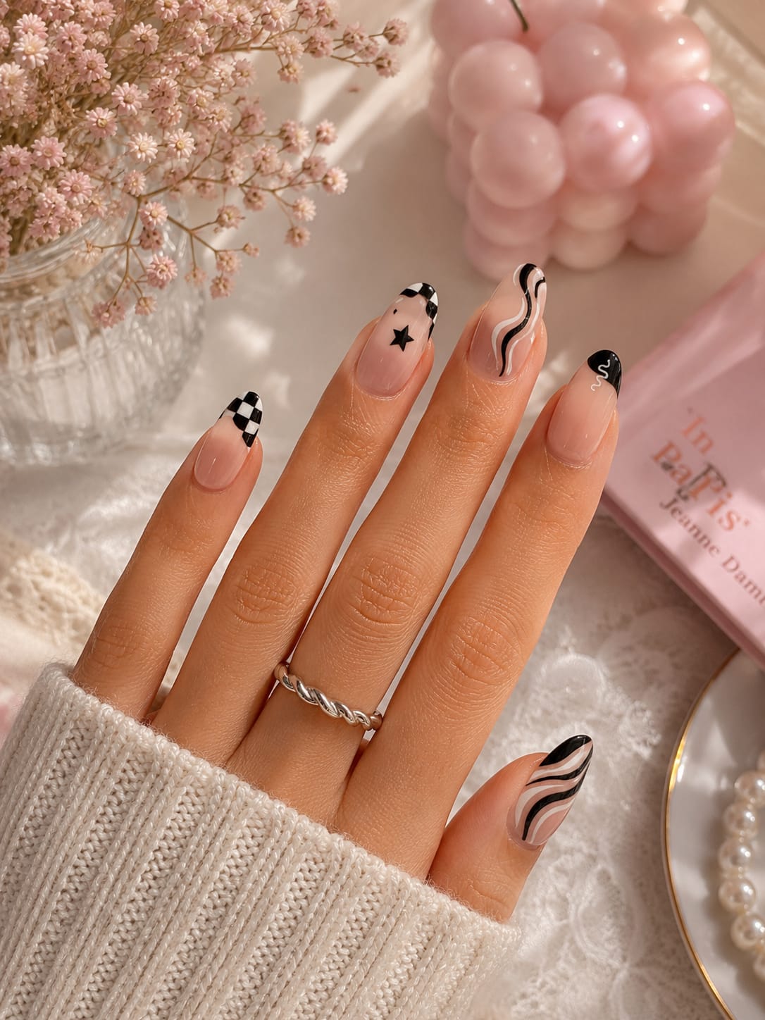 Monochrome Swirl & Checkerboard French Almond Press-On Nails | Reusable Minimalist Gel Nails | Fluture Luxury Collection